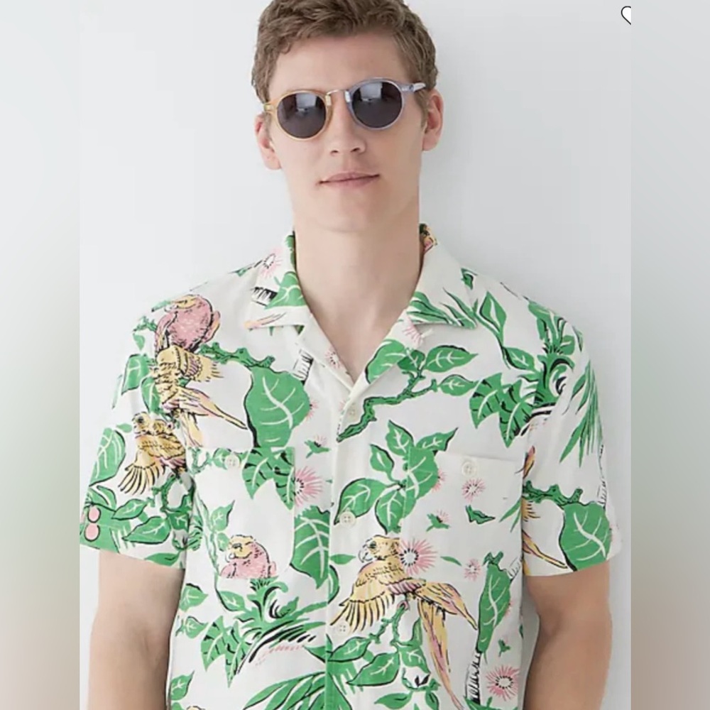 J Crew short sleeve polo top collar shirt tropical pink green preppy large $71